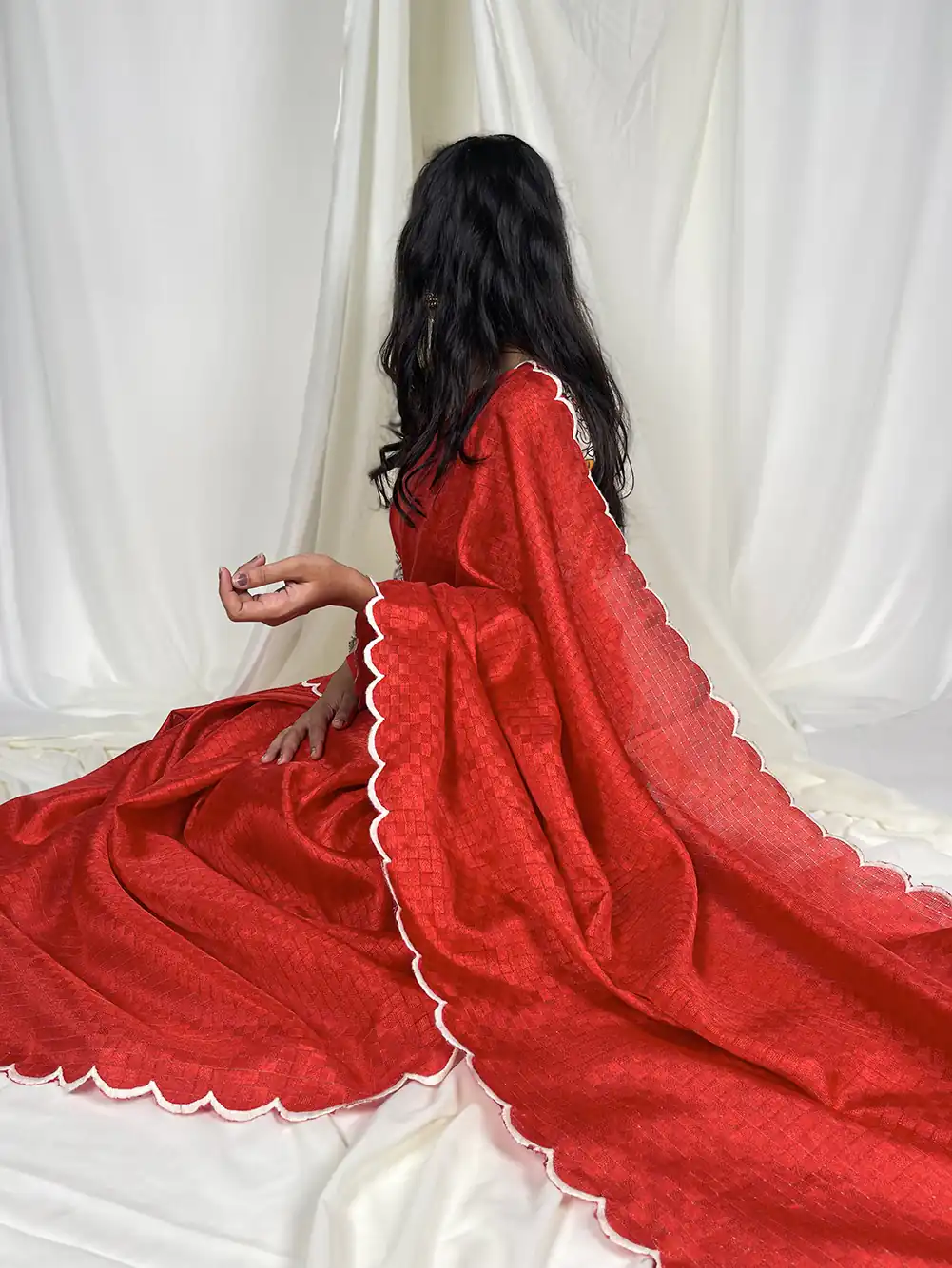 YNF 7706 Red :Saree Fabric Gadhawal Chex :Saree Work :Arca Work Blouse Fabric : Linan patta silk Party wear Designer Saree @1349 | Designer Sarees, Sarees, Bollywood Sarees, Creative Sarees, Modern Digital sarees, Party Wear Sarees