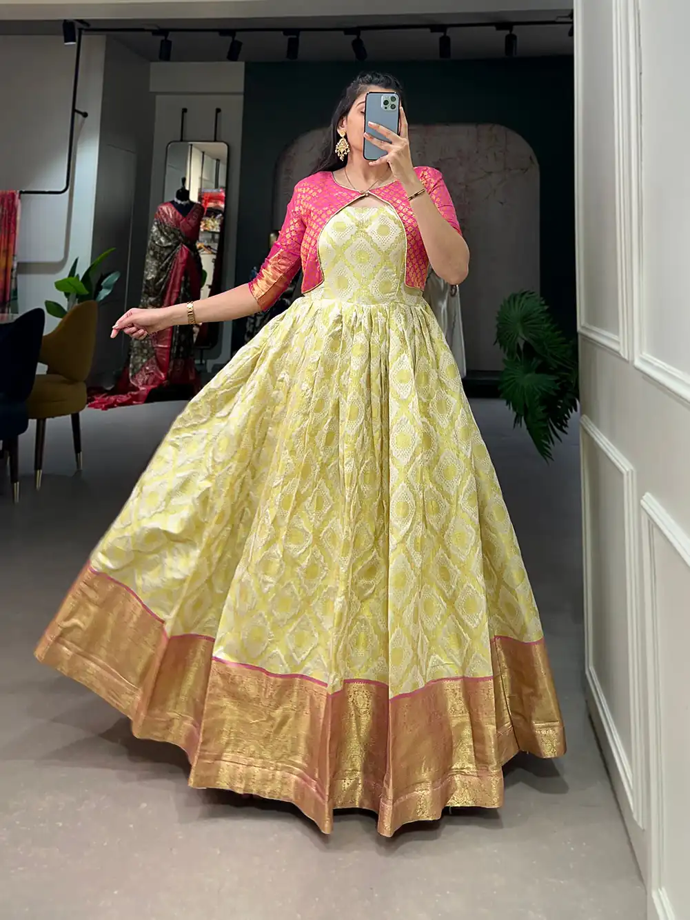 YNF 5301 Yellow Color Gown : Georgette Work : Printed Casual, Wedding, Festive, Events, Designer Party Wear, White Gown @1649/- | Gowns, Bollywood Gowns, Creative Gowns, Designer Gowns, Embroidered Gowns, Party Wear Gowns