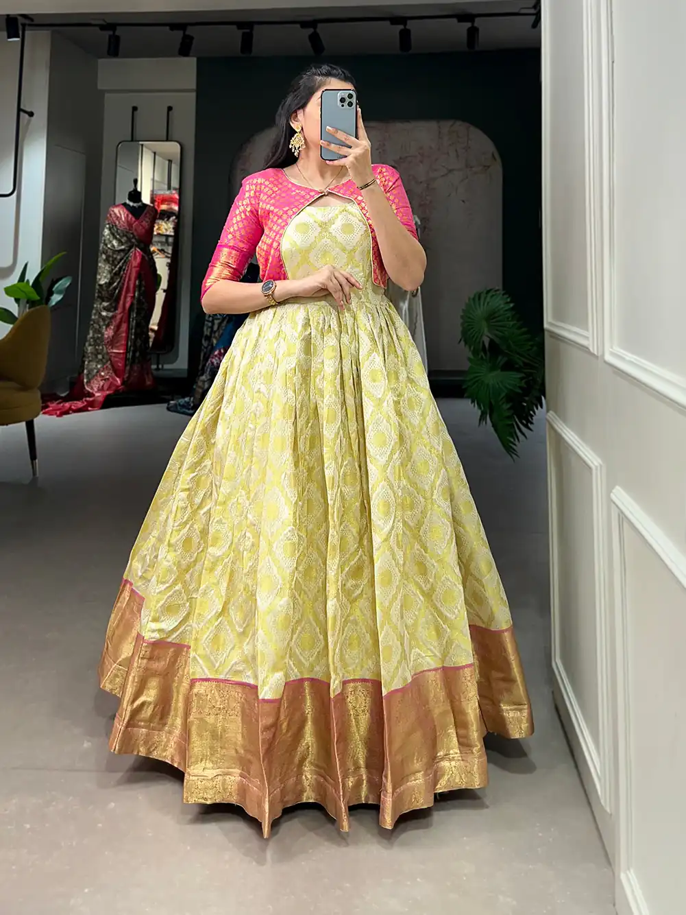 YNF 5301 Yellow Color Gown : Georgette Work : Printed Casual, Wedding, Festive, Events, Designer Party Wear, White Gown @1649/- | Gowns, Bollywood Gowns, Creative Gowns, Designer Gowns, Embroidered Gowns, Party Wear Gowns