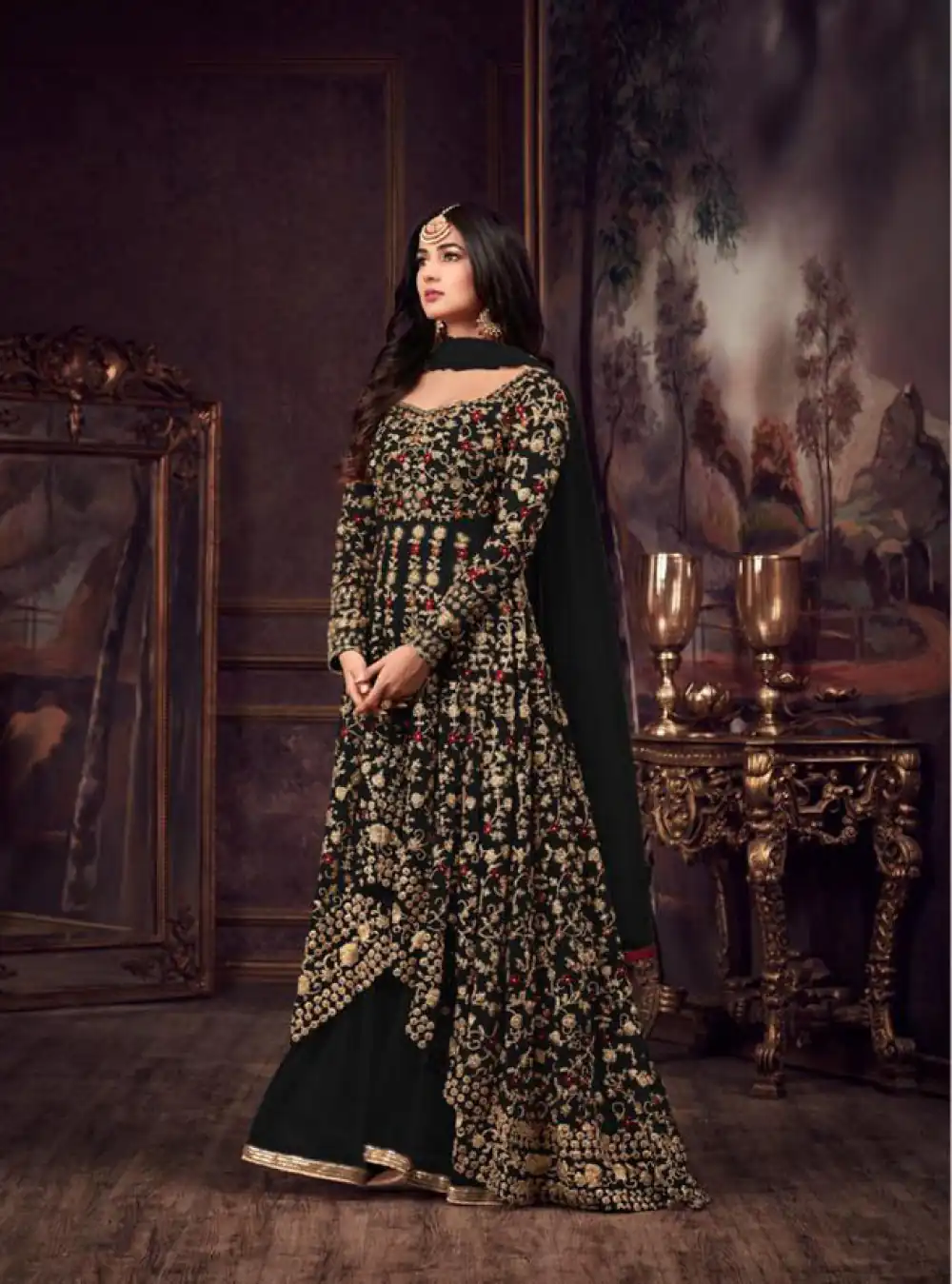 Maisha 5608 Black Top : Heavy Net Work : Heavy Embroidery Coding With Diamond Work Bottom : Santoon Wedding, Party, Festive @3299/- | Anarkali Suits, Bollywood Anarkali, Creative-Anarkali, Designer Anarkali, Embroidered Anarkali, Party Wear Anarkali