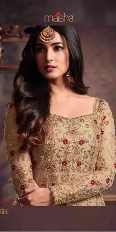 Maisha 5608 Cream Top : Heavy Net Work : Heavy Embroidery Coding With Diamond Work Bottom : Santoon Wedding, Party, Festive @3299/- | Anarkali Suits, Bollywood Anarkali, Creative-Anarkali, Designer Anarkali, Embroidered Anarkali, Party Wear Anarkali