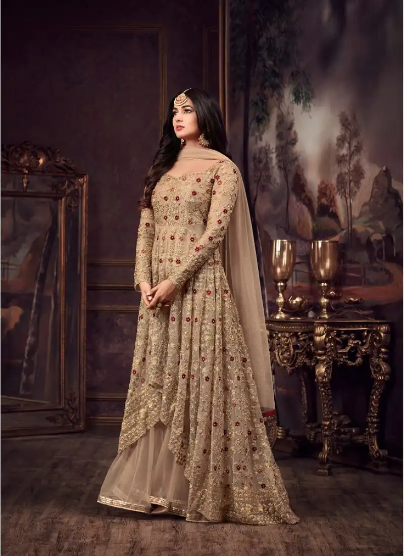 Maisha 5608 Cream Top : Heavy Net Work : Heavy Embroidery Coding With Diamond Work Bottom : Santoon Wedding, Party, Festive @3299/- | Anarkali Suits, Bollywood Anarkali, Creative-Anarkali, Designer Anarkali, Embroidered Anarkali, Party Wear Anarkali