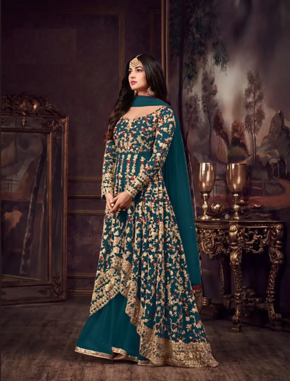 Maisha 5608 Peacock Blue Top : Heavy Net Work : Heavy Embroidery Coding With Diamond Work Bottom : Santoon Wedding, Party, Festive @3299/- | Anarkali Suits, Bollywood Anarkali, Creative-Anarkali, Designer Anarkali, Embroidered Anarkali, Party Wear Anarkali