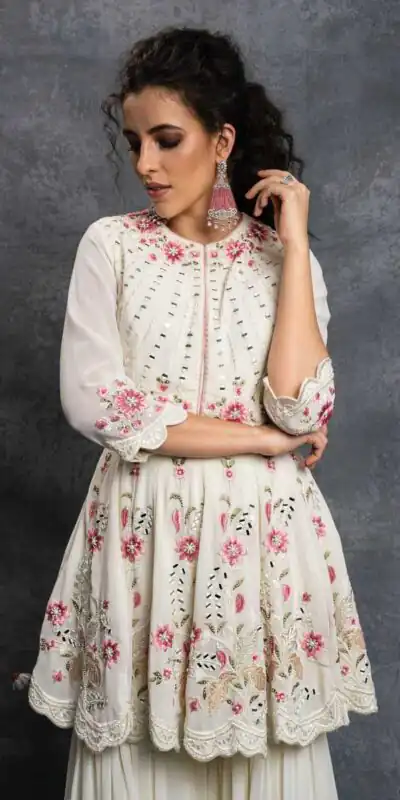 SR 1238 White Top : Heavy Fox Georgette Sharara : Fox Georgette Work : Heavy Embroidery With Real Mirror Work Wedding, Party @1849 Only | Salwar suit, Casual Suits, Creative suits, Designer Suits, Palazzo Suits, Party Wear Suits, Straight Suits