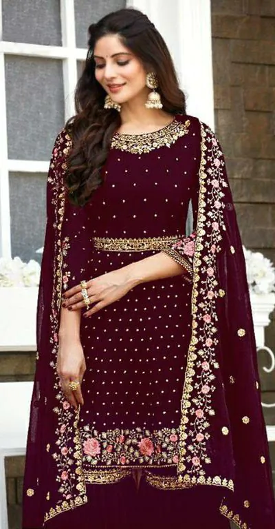 Ds 003821 Maroon color Georgette Embroidery Stone work Sharara suit Wedding, Party, Festive, Events Etc. Expected Delivery 4-6 Working Days @2299/- | Salwar suit, Casual Suits, Creative suits, Designer Suits, Palazzo Suits, Party Wear Suits, Straight Suits