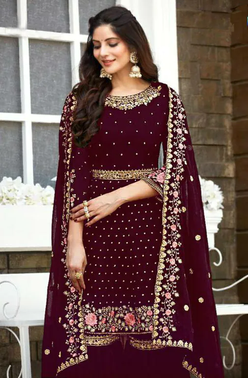 Ds 003821 Maroon color Georgette Embroidery Stone work Sharara suit Wedding, Party, Festive, Events Etc. Expected Delivery 4-6 Working Days @2299/- | Salwar suit, Casual Suits, Creative suits, Designer Suits, Palazzo Suits, Party Wear Suits, Straight Suits