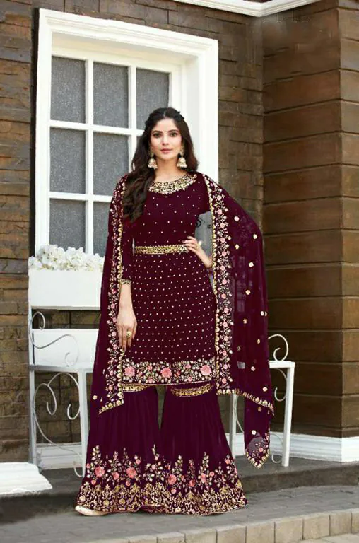 Ds 003821 Maroon color Georgette Embroidery Stone work Sharara suit Wedding, Party, Festive, Events Etc. Expected Delivery 4-6 Working Days @2299/- | Salwar suit, Casual Suits, Creative suits, Designer Suits, Palazzo Suits, Party Wear Suits, Straight Suits