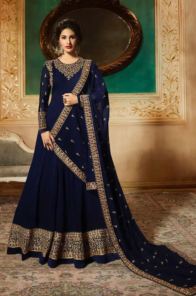 GLOSSY 9081 blueColor: blueFabrics: Top :- Heavy Georgette Embroidery Dupatta:- Georgette with Embroidery Work +Stone with Lace | Anarkali Suits, Bollywood Anarkali, Creative-Anarkali, Designer Anarkali, Embroidered Anarkali, Party Wear Anarkali