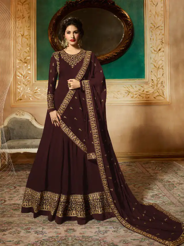 GLOSSY 9081 BrownColor: BrownFabrics: Top :- Heavy Georgette Embroidery work Dupatta:- Georgette with Embroidery Work +Stone with Lace | Anarkali Suits, Bollywood Anarkali, Creative-Anarkali, Designer Anarkali, Embroidered Anarkali, Party Wear Anarkali