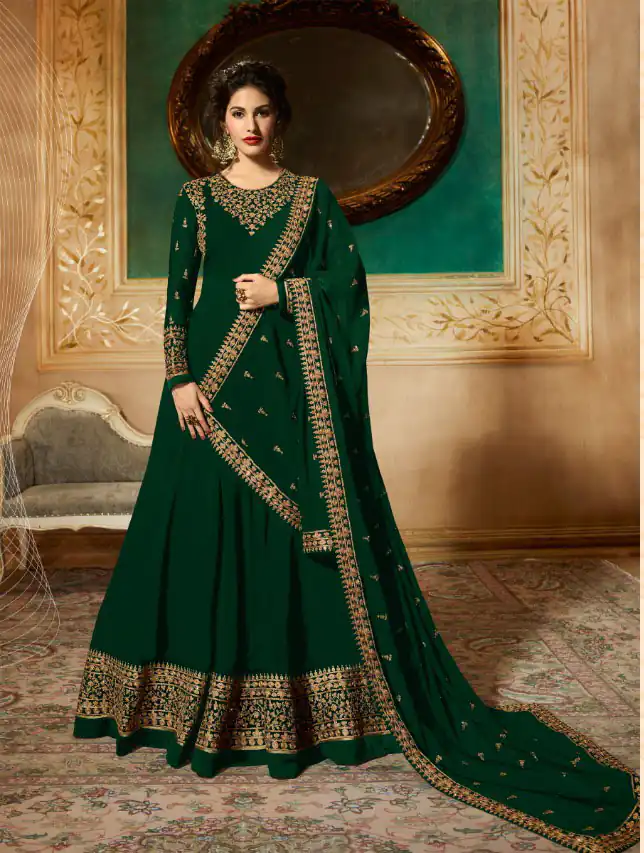 GLOSSY 9081 GreenColor: GreenFabrics: Top :- Heavy Georgette Embroidery work Dupatta:- Georgette with Embroidery Work +Stone with Lace | Anarkali Suits, Bollywood Anarkali, Creative-Anarkali, Designer Anarkali, Embroidered Anarkali, Party Wear Anarkali