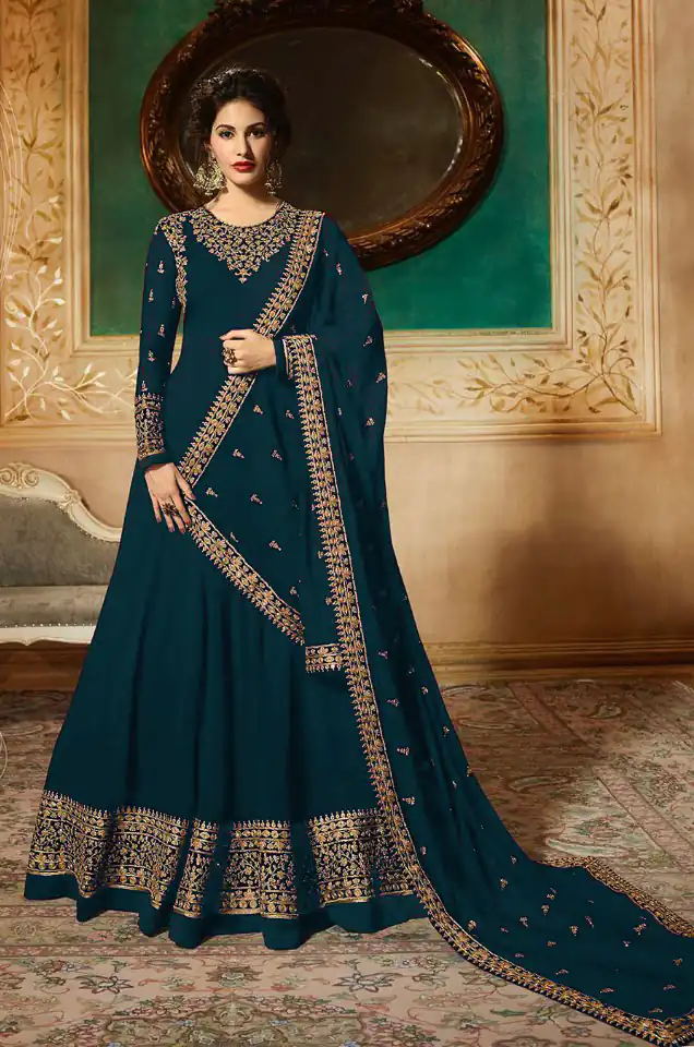 GLOSSY 9081 Prussian blueColor: Prussian blueFabrics: Top :- Heavy Georgette Embroidery Dupatta:- Georgette with Embroidery Work +Stone with Lace | Anarkali Suits, Bollywood Anarkali, Creative-Anarkali, Designer Anarkali, Embroidered Anarkali, Party Wear Anarkali