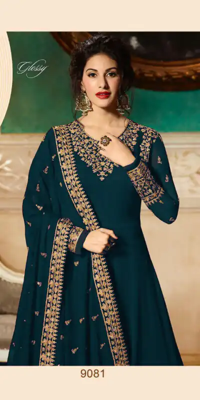 GLOSSY 9081 Prussian blueColor: Prussian blueFabrics: Top :- Heavy Georgette Embroidery Dupatta:- Georgette with Embroidery Work +Stone with Lace | Anarkali Suits, Bollywood Anarkali, Creative-Anarkali, Designer Anarkali, Embroidered Anarkali, Party Wear Anarkali
