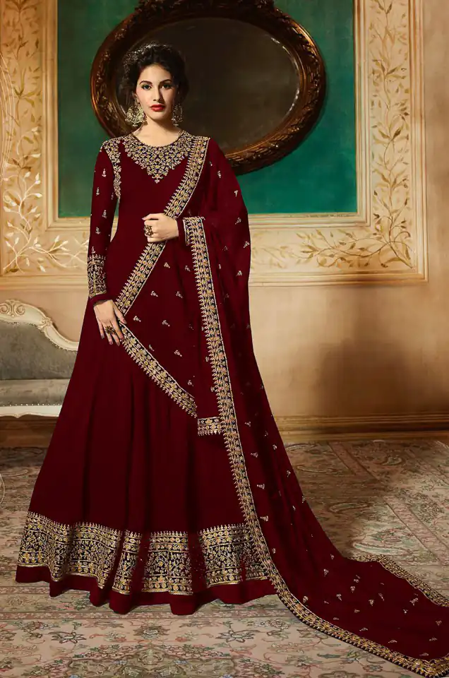GLOSSY 9081 Red Color: red Fabrics: Top :- Heavy Georgette Embroidery Dupatta:- Georgette with Embroidery Work +Stone with Lace | Anarkali Suits, Bollywood Anarkali, Creative-Anarkali, Designer Anarkali, Embroidered Anarkali, Party Wear Anarkali
