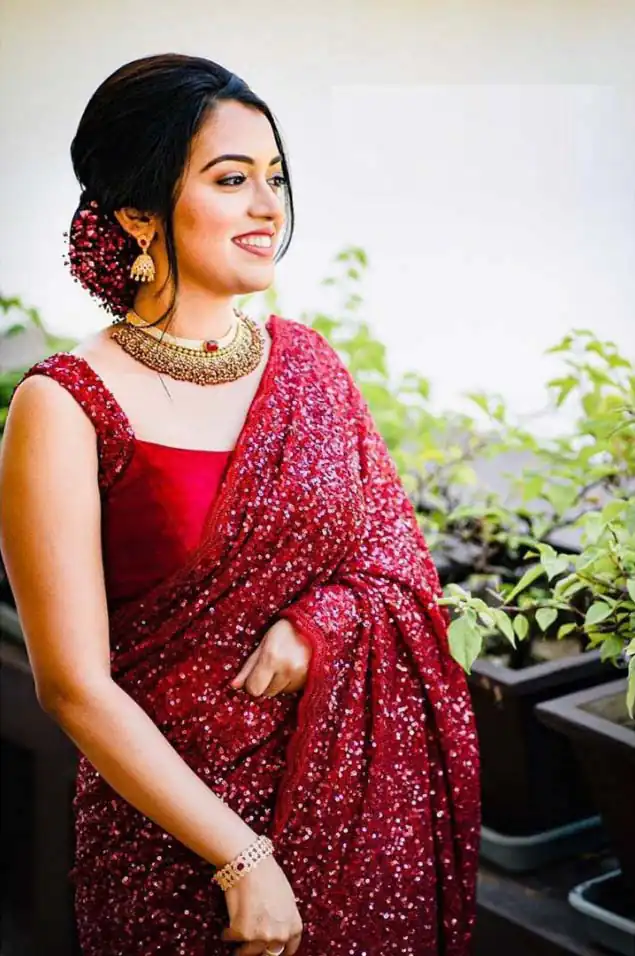 KF 1203 Red Saree Fabrics : Georgette Saree Work : Heavy Sequence Blouse Fabrics : Georgette With Silk Inner Work : Sequence Work Sleeves  | Sarees, Bollywood Sarees, Designer Sarees, Embroidered Sarees, Party Wear Sarees