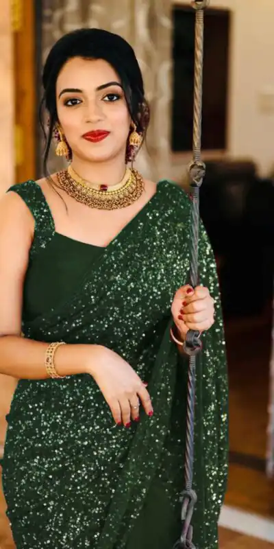 KT 152 Green Saree Fabrics : Georgette Saree Work : Heavy Sequence Blouse Fabrics : Georgette With Silk Inner Work : Sequence Work Sleeves  | Sarees, Bollywood Sarees, Creative Sarees, Designer Sarees, Embroidered Sarees, Party Wear Sarees