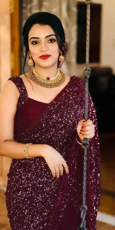 KT 152 Purple Saree Fabrics : Georgette Saree Work : Heavy Sequence Blouse Fabrics : Georgette With Silk Inner Work : Sequence Work Sleeves  | Sarees, Bollywood Sarees, Designer Sarees, Embroidered Sarees, Party Wear Sarees