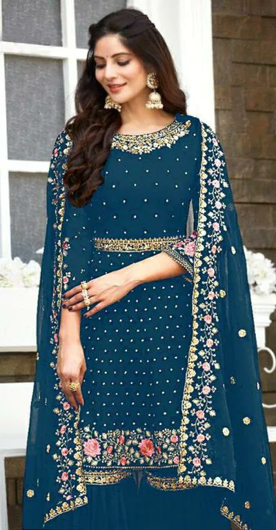 Ds 003821 Peacock Blue color Georgette Embroidery Stone work Sharara suit Wedding, Party, Festive, Events Etc. Expected Delivery 4-6 Working Days @2299/- | Jump Suits, Salwar suit, Casual Suits, Creative suits, Designer Suits, Palazzo Suits, Party Wear Suits, Straight Suits