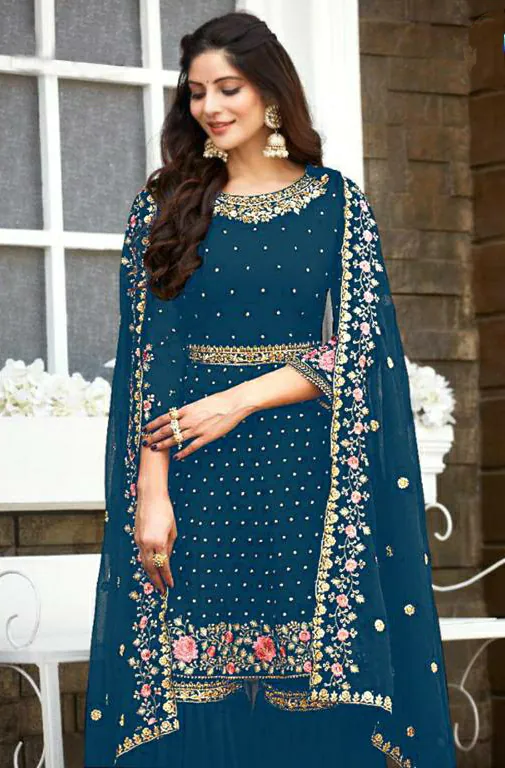 Ds 003821 Peacock Blue color Georgette Embroidery Stone work Sharara suit Wedding, Party, Festive, Events Etc. Expected Delivery 4-6 Working Days @2299/- | Jump Suits, Salwar suit, Casual Suits, Creative suits, Designer Suits, Palazzo Suits, Party Wear Suits, Straight Suits