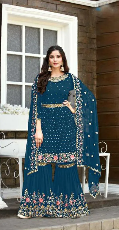 Ds 003821 Peacock Blue color Georgette Embroidery Stone work Sharara suit Wedding, Party, Festive, Events Etc. Expected Delivery 4-6 Working Days @2299/- | Jump Suits, Salwar suit, Casual Suits, Creative suits, Designer Suits, Palazzo Suits, Party Wear Suits, Straight Suits