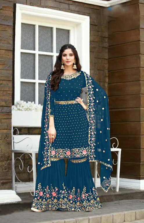 Ds 003821 Peacock Blue color Georgette Embroidery Stone work Sharara suit Wedding, Party, Festive, Events Etc. Expected Delivery 4-6 Working Days @2299/- | Jump Suits, Salwar suit, Casual Suits, Creative suits, Designer Suits, Palazzo Suits, Party Wear Suits, Straight Suits