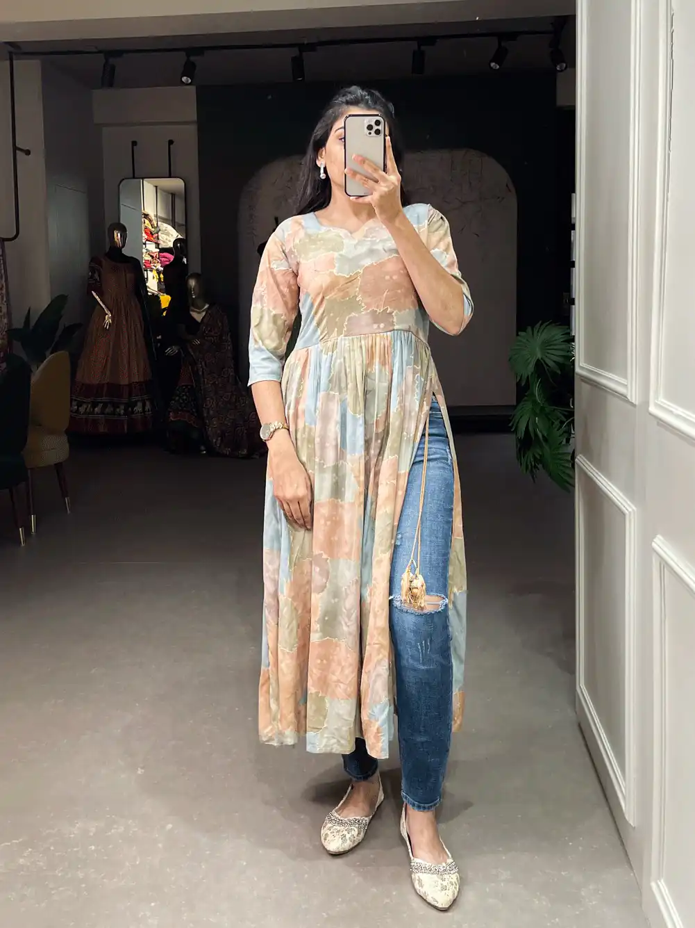 YNF 3305 Chiku Color: Fabrics: :- Rayon cotton With Foil Print Stitch Type: Fully-Stitched inside 2 inch extra margin support up to 36” to 40 ) | Kurti, Bollywood Kurti, Creative Kurtis, Designer Kurti, Party Wear Kurti, Selfie Kurti