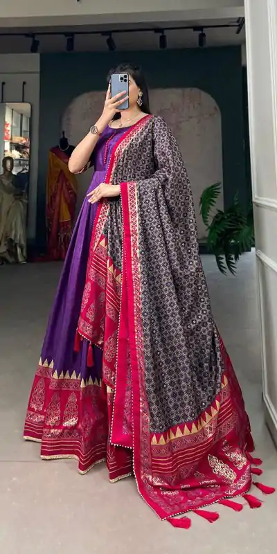 YNF 5007 Purple Color Tussar Silk Print With Foil Printed Gown Casual, Wedding, Party, Festive, Events Etc. Expected Delivery 4-6 Working Days @2049/- | Gowns, Bollywood Gowns, Creative Gowns, Designer Gowns, Embroidered Gowns, Party Wear Gowns