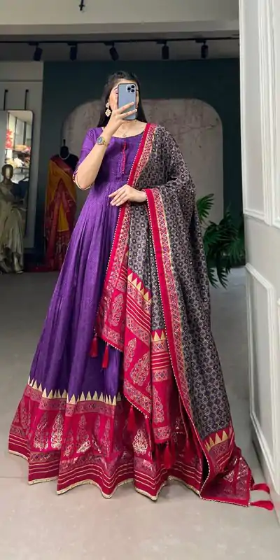 YNF 5007 Purple Color Tussar Silk Print With Foil Printed Gown Casual, Wedding, Party, Festive, Events Etc. Expected Delivery 4-6 Working Days @2049/- | Gowns, Bollywood Gowns, Creative Gowns, Designer Gowns, Embroidered Gowns, Party Wear Gowns