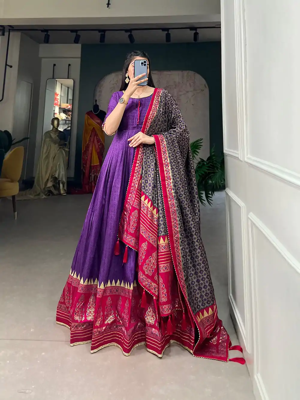 YNF 5007 Purple Color Tussar Silk Print With Foil Printed Gown Casual, Wedding, Party, Festive, Events Etc. Expected Delivery 4-6 Working Days @2049/- | Gowns, Bollywood Gowns, Creative Gowns, Designer Gowns, Embroidered Gowns, Party Wear Gowns