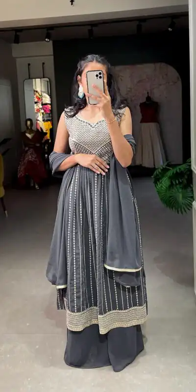 YNF 3503 GREY Color Top : Georgette Work : Embroidery Sequence Work Inner : Micro Cotton .Traditional Wear, Events. @1849/- | Gowns, Bollywood Gowns, Creative Gowns, Designer Gowns, Embroidered Gowns, Party Wear Gowns