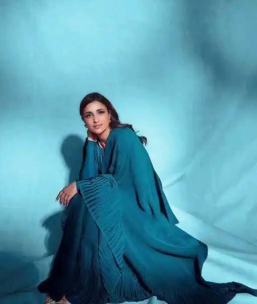 SN 706 Peacock Blue Saree : Japan Satin Silk Work : Fancy Pleating Work Casual, Party Wear, Wedding Parineeti Chopra In Peach @1399/- | Sarees, Bollywood Sarees, Creative Sarees, Designer Sarees, Embroidered Sarees, Ethnic Saree, Modern Digital sarees, Party Wear Sarees
