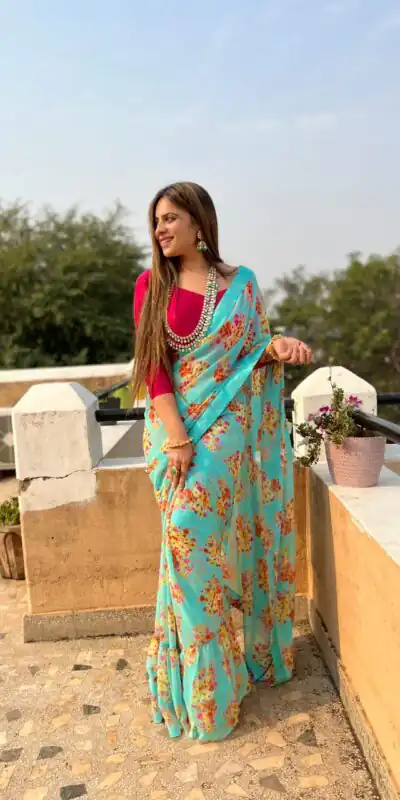 JR 510 Blue Color Digital Print Georgette With Ruffle Lace Saree Casual, Party Wear, Wedding, Events Etc. Expected Delivery 4-6 Working Days 1299/- | Sarees, Bollywood Sarees, Creative Sarees, Designer Sarees, Embroidered Sarees, Ethnic Saree, Modern Digital sarees, Party Wear Sarees