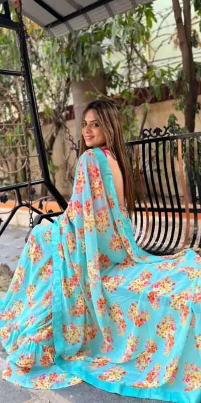 JR 510 Blue Color Digital Print Georgette With Ruffle Lace Saree Casual, Party Wear, Wedding, Events Etc. Expected Delivery 4-6 Working Days 1299/- | Sarees, Bollywood Sarees, Creative Sarees, Designer Sarees, Embroidered Sarees, Ethnic Saree, Modern Digital sarees, Party Wear Sarees