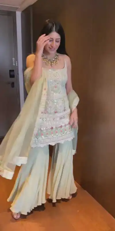 KD 1045 Light Green Top : Georgette Sharara : Georgette Work :Embroidery Thread Work Wedding, Party, Festive,@1799/- Only | Salwar suit, Casual Suits, Creative suits, Designer Suits, Palazzo Suits, Party Wear Suits, Straight Suits