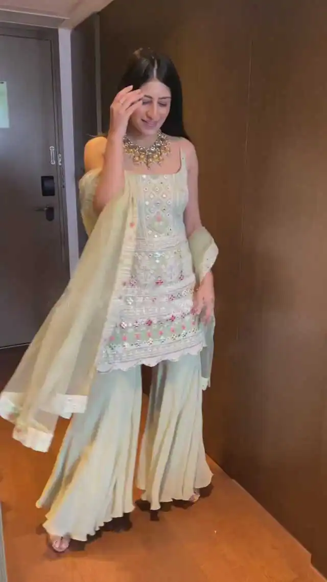 KD 1045 Light Green Top : Georgette Sharara : Georgette Work :Embroidery Thread Work Wedding, Party, Festive,@1799/- Only | Salwar suit, Casual Suits, Creative suits, Designer Suits, Palazzo Suits, Party Wear Suits, Straight Suits