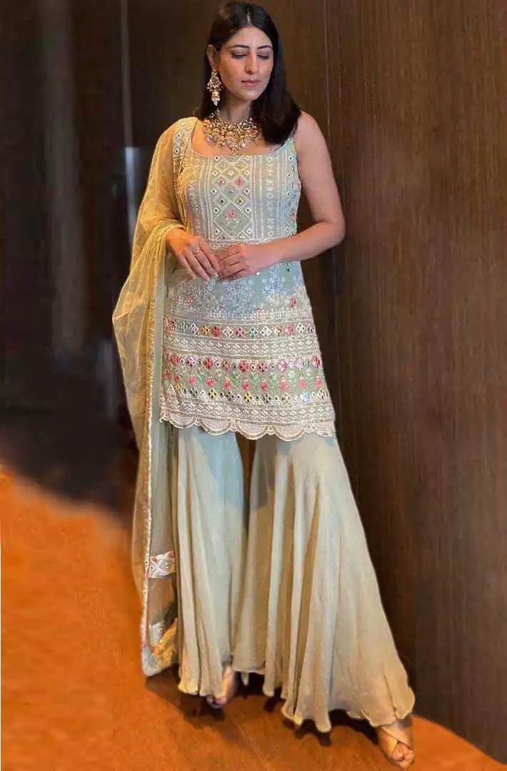 KD 1045 Light Green Top : Georgette Sharara : Georgette Work :Embroidery Thread Work Wedding, Party, Festive,@1799/- Only | Salwar suit, Casual Suits, Creative suits, Designer Suits, Palazzo Suits, Party Wear Suits, Straight Suits