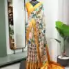 Wanted Yellow Color Dola Silk Printed With Zari Border Partywear Designer Style Saree