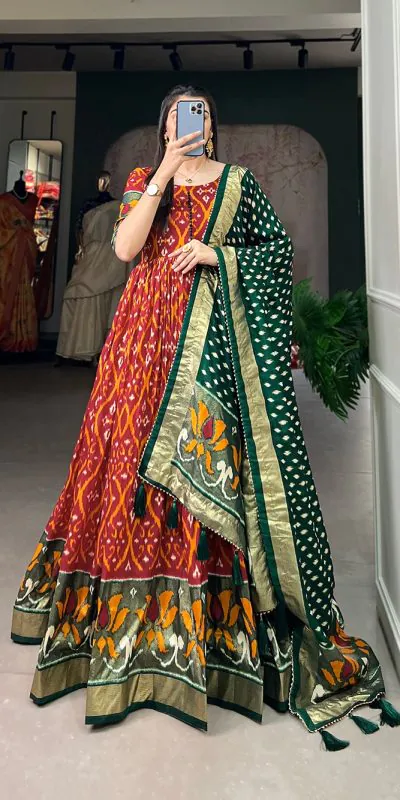 YNF5004 Red Color Tussar Silk Patola With Foil Print Gown Casual, Wedding, Festive, Events, Designer Party Wear,  Expected Delivery 4-6 Working Days @1999 | Gowns, Bollywood Gowns, Creative Gowns, Designer Gowns, Embroidered Gowns, Party Wear Gowns