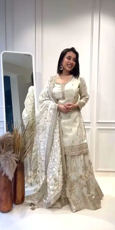 NSR 804 White Color Heavy Chinnon Silk Embroidery Sequence Work Sharara Suit Casual, Party Festive, Events Etc. Expected Delivery 4-6 Working Days @2299/- | Jump Suits, Salwar suit, Casual Suits, Creative suits, Designer Suits, Palazzo Suits, Party Wear Suits, Patiala Suits, Straight Suits