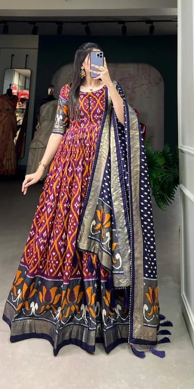 YNF5004 Wine Color Tussar Silk Patola With Foil Print Gown Casual, Wedding, Festive, Events, Designer Party Wear,  Expected Delivery 4-6 Working Days @1999 | Gowns, Bollywood Gowns, Creative Gowns, Designer Gowns, Embroidered Gowns, Party Wear Gowns