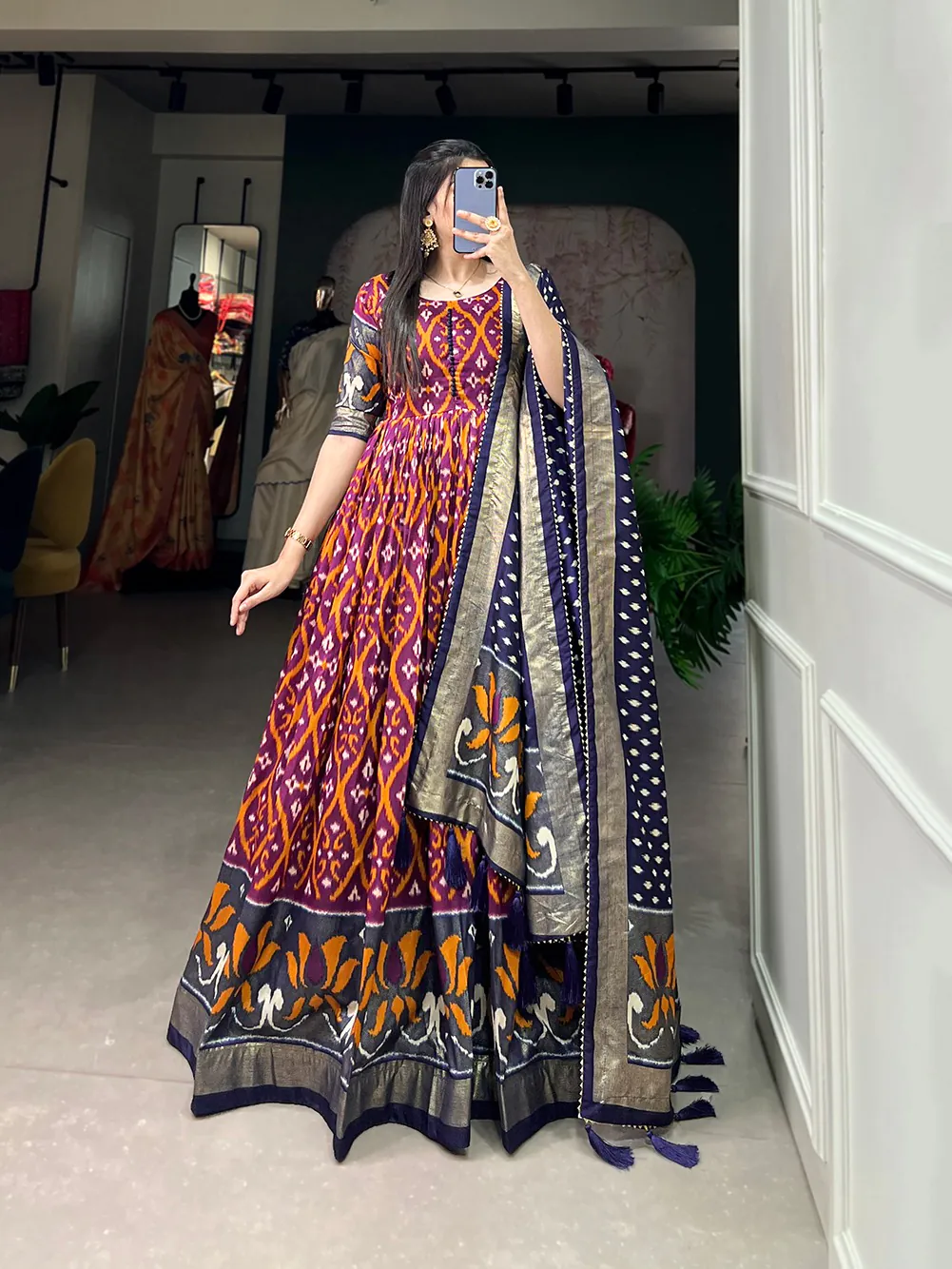YNF5004 Wine Color Tussar Silk Patola With Foil Print Gown Casual, Wedding, Festive, Events, Designer Party Wear,  Expected Delivery 4-6 Working Days @1999 | Gowns, Bollywood Gowns, Creative Gowns, Designer Gowns, Embroidered Gowns, Party Wear Gowns