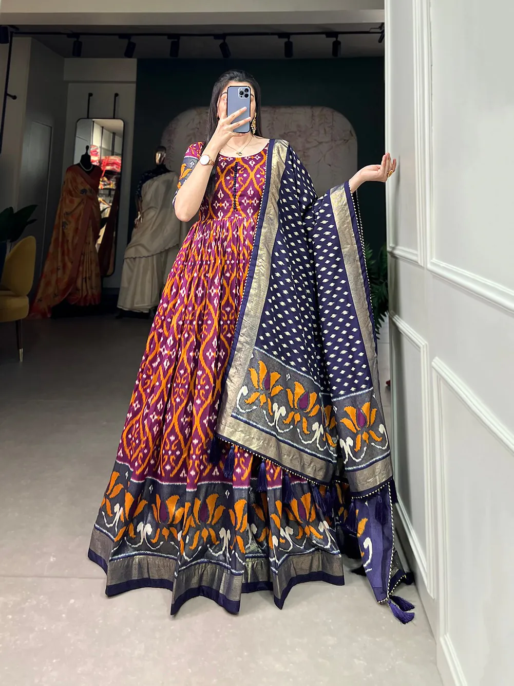 YNF5004 Wine Color Tussar Silk Patola With Foil Print Gown Casual, Wedding, Festive, Events, Designer Party Wear,  Expected Delivery 4-6 Working Days @1999 | Gowns, Bollywood Gowns, Creative Gowns, Designer Gowns, Embroidered Gowns, Party Wear Gowns