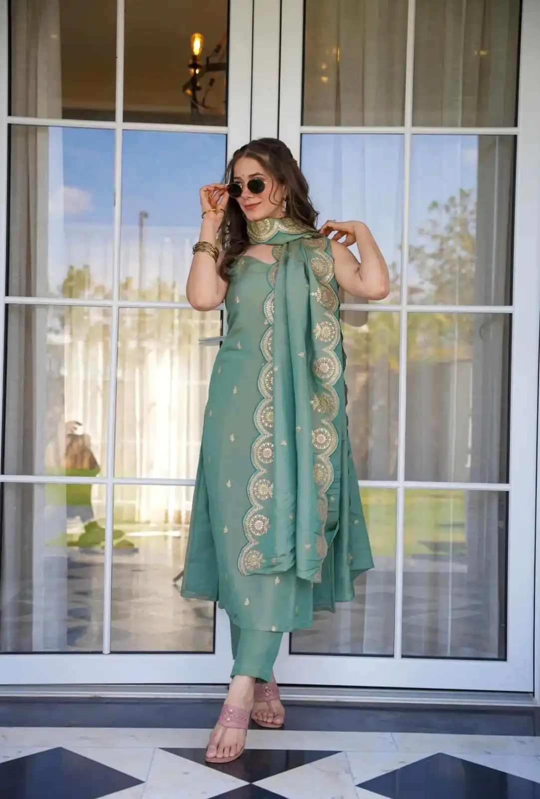 SRK 5154 Peacock Green Color Pure Chinnon Silk Embroidery Sequence Salwar Suit Wedding, Party, Festive, Events Expected Delivery 4-6 Working Days @ 1749/- | Jump Suits, Salwar suit, Casual Suits, Creative suits, Designer Suits, Palazzo Suits, Party Wear Suits, Patiala Suits, Straight Suits