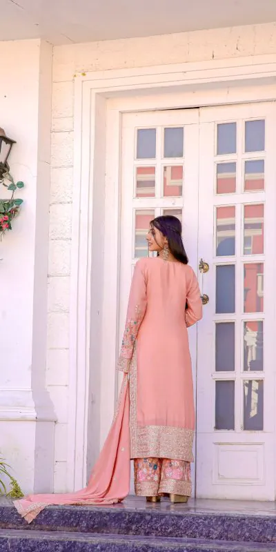 AD140 Salmon  Color Chinon Silk Diamond Hand Work Sharara Suit Casual, Wedding, Party, Festive, Events Etc. Expected Delivery 4-6 Working Days @2599/- | Jump Suits, Salwar suit, Casual Suits, Creative suits, Designer Suits, Palazzo Suits, Party Wear Suits, Patiala Suits, Straight Suits