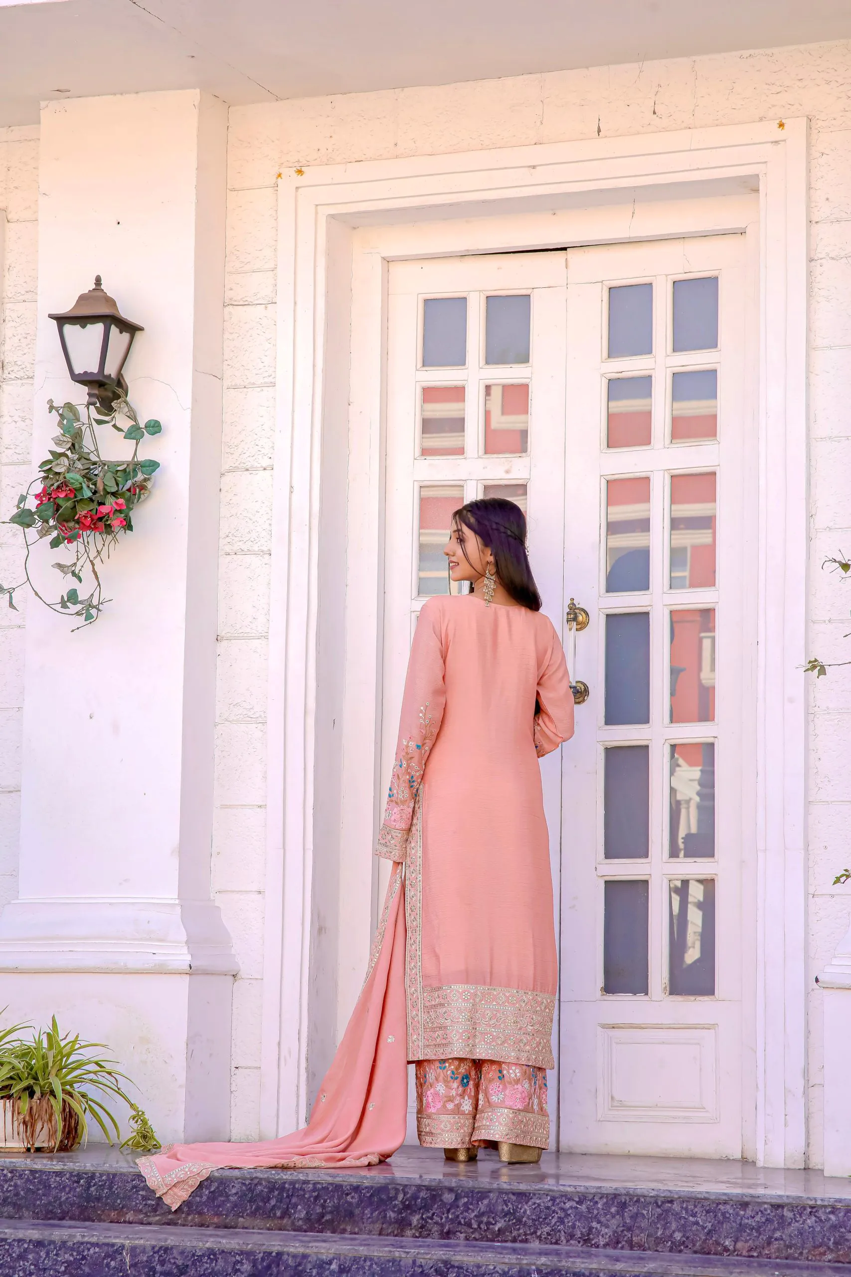 AD140 Salmon Color Chinon Silk Diamond Hand Work Sharara Suit Casual, Wedding, Party, Festive, Events Etc. Expected Delivery 4-6 Working Days @2599/- | Jump Suits, Salwar suit, Casual Suits, Creative suits, Designer Suits, Palazzo Suits, Party Wear Suits, Patiala Suits, Straight Suits