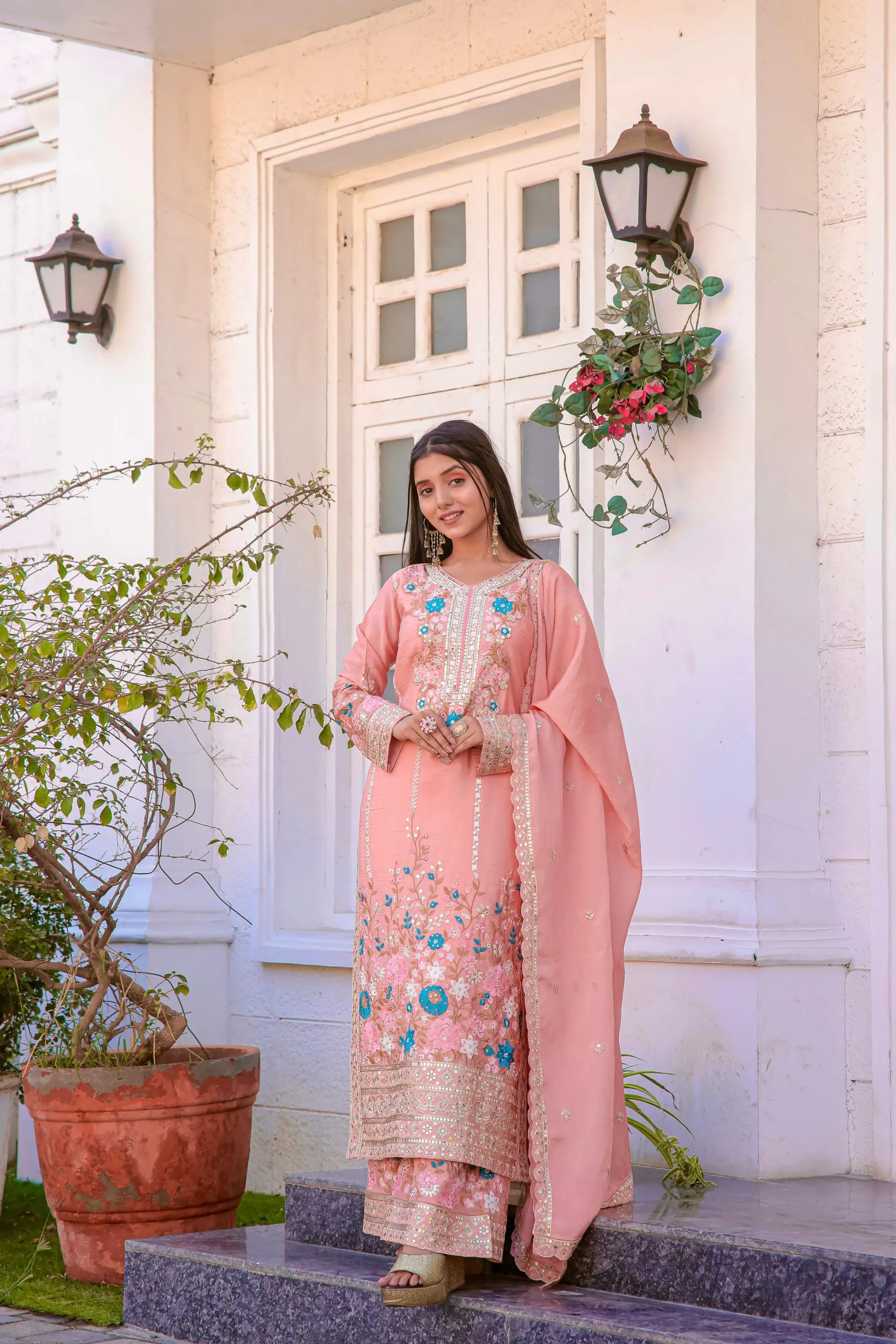 AD140 Salmon Color Chinon Silk Diamond Hand Work Sharara Suit Casual, Wedding, Party, Festive, Events Etc. Expected Delivery 4-6 Working Days @2599/- | Jump Suits, Salwar suit, Casual Suits, Creative suits, Designer Suits, Palazzo Suits, Party Wear Suits, Patiala Suits, Straight Suits