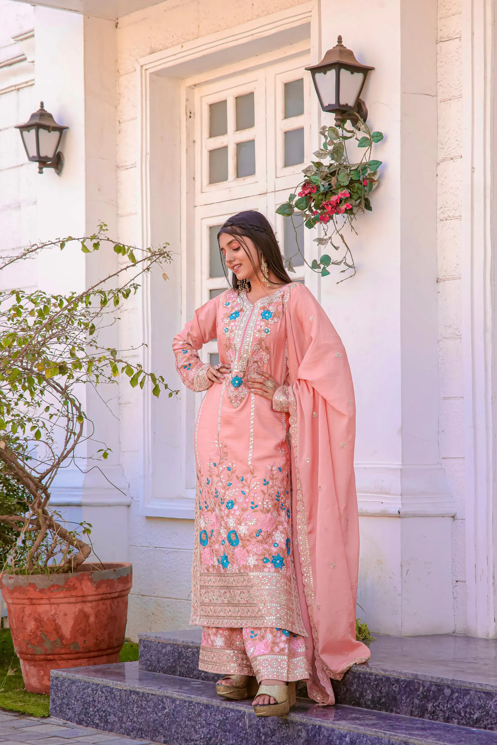 AD140 Salmon Color Chinon Silk Diamond Hand Work Sharara Suit Casual, Wedding, Party, Festive, Events Etc. Expected Delivery 4-6 Working Days @2599/- | Jump Suits, Salwar suit, Casual Suits, Creative suits, Designer Suits, Palazzo Suits, Party Wear Suits, Patiala Suits, Straight Suits