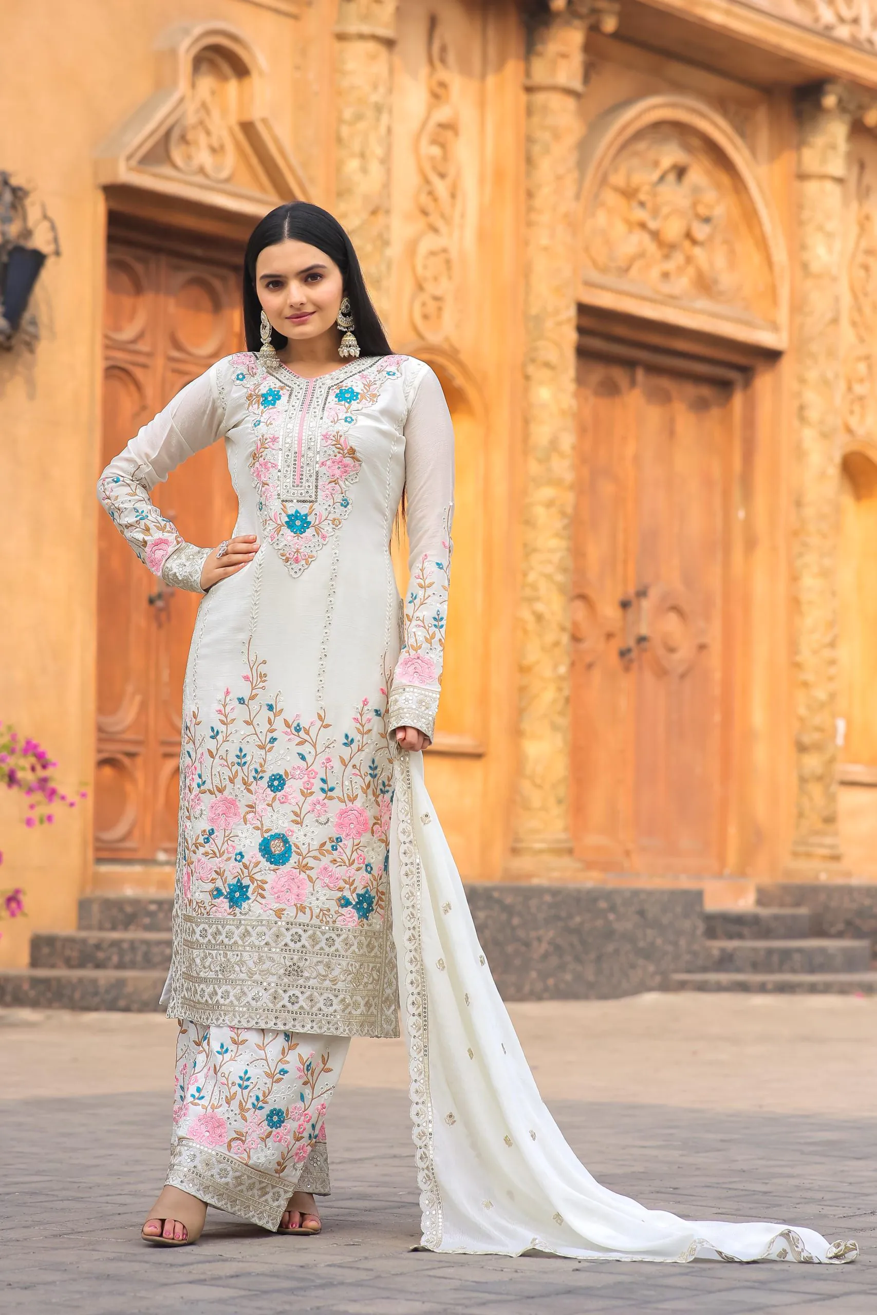 AD140 White Color Chinon Silk Diamond Hand Work Sharara Suit Casual, Wedding, Party, Festive, Events Etc. Expected Delivery 4-6 Working Days @2599/- | Jump Suits, Salwar suit, Casual Suits, Creative suits, Designer Suits, Palazzo Suits, Party Wear Suits, Patiala Suits, Straight Suits