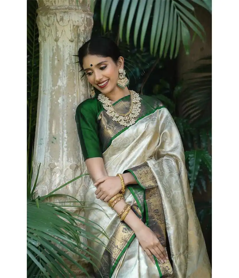 KP 3045 White & Green Color Soft Lichi Silk Jacquard Work Saree Casual, Party Wear, Wedding, Events Etc. Expected Delivery 4-6 Working Days @1449/- | Designer Sarees, Sarees, Bollywood Sarees, Creative Sarees, Embroidered Sarees, Ethnic Saree, Modern Digital sarees, Party Wear Sarees