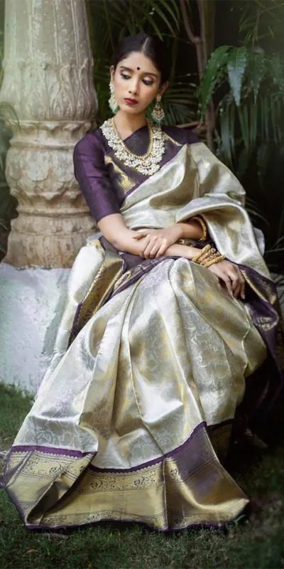 KP 3045 White & Purple Color Soft Lichi Silk Jacquard Work Saree Casual, Party Wear, Wedding, Events Etc. Expected Delivery 4-6 Working Days @1449/- | Designer Sarees, Sarees, Bollywood Sarees, Creative Sarees, Embroidered Sarees, Ethnic Saree, Modern Digital sarees, Party Wear Sarees