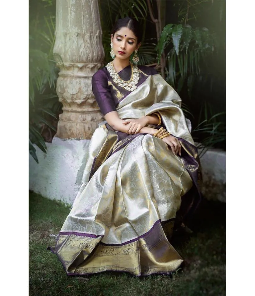 KP 3045 White & Purple Color Soft Lichi Silk Jacquard Work Saree Casual, Party Wear, Wedding, Events Etc. Expected Delivery 4-6 Working Days @1449/- | Designer Sarees, Sarees, Bollywood Sarees, Creative Sarees, Embroidered Sarees, Ethnic Saree, Modern Digital sarees, Party Wear Sarees